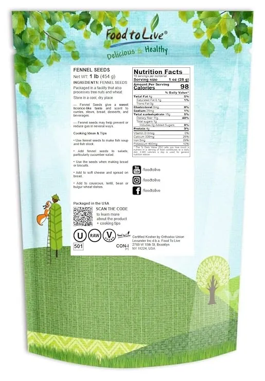Food to Live Fennel Seeds, 1 Pound – Whole Raw Seeds, Non-Irradiated, Kosher, Vegan, Bulk. High in Dietary Fiber. Great for Fennel Tea. Pairs Well with Seafood, Indian, and Middle East Dishes.