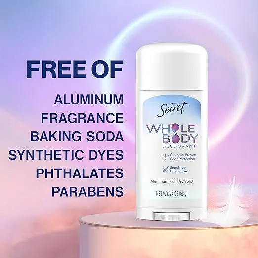 Secret Whole Body Deodorant Stick for Women, Unscented, Aluminum Free Deoderant Stick, 72 HR Odor Protection, 2.4 oz
