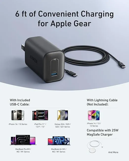 Anker Nano Charger, 100W MacBook Charger, Foldable Charger for iPhone Series, and All USB C Devices, 6ft USB-C Cable Included, Compatible with MagSafe