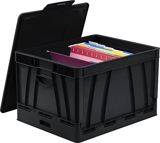 Storex Collapsible Crate with Lid, 17.25 x 14.25 x 10.5 Inches, Black, 4-Pack (61809A04C)