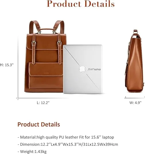 ECOSUSI Laptop Backpack for Women PU Leather Backpack Vintage for Laptop 15.6 inches Computer Bag College Bookbag