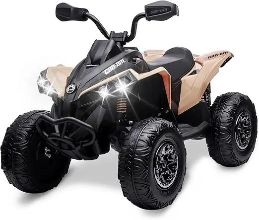Hetoy 12V Kids ATV, Ride on Toy Car Bombardier Licensed BRP Can-am 4 Wheeler Quad Electric Vehicle, w/LED Lights, Full Metal Suspensions, Bluetooth, Music, USB, Treaded Tires, Khaki