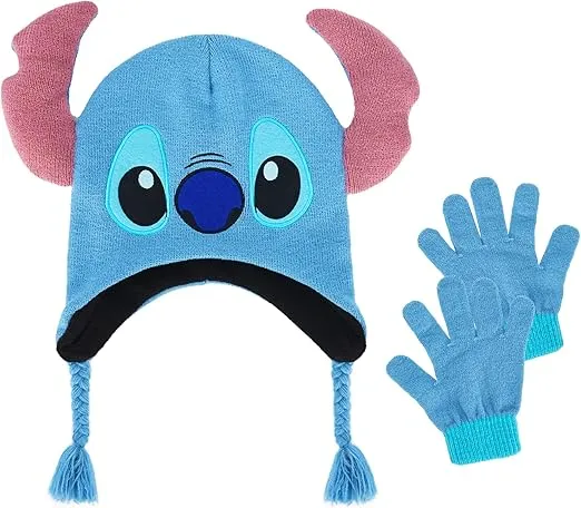 Disney Lilo and Stitch Kids Peruvian Beanie Cap and Glove Set, Winter Hat with Tassels, Blue, One Size