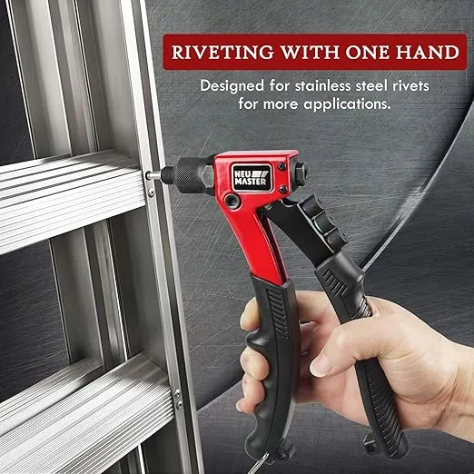 NEU MASTER Rivet Gun with 200Pcs Rivets, Manual Rivet Gun Kit with 4 Tool-Free Interchangeable Rivet Heads, BMC Case, Heavy Duty Single Hand Riveter for Plastic, Metal, Leather