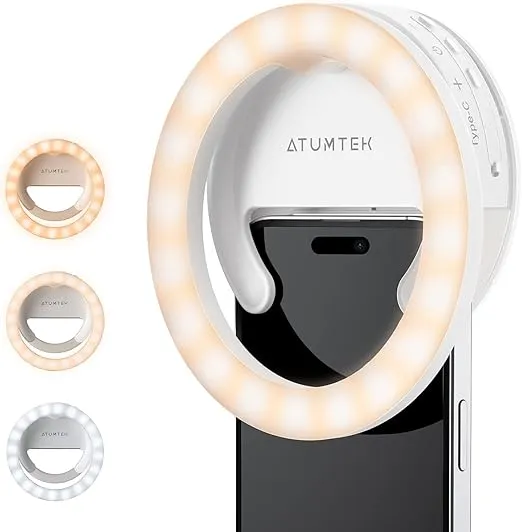 ATUMTEK 4" Rotatable Selfie Ring Light for Phone, Rechargeable Clip-on Ring Light for Photo and Video, 3 Color Temperatures for Streaming, TikTok, Instagram, Zoom Meeting and Video Conference, White