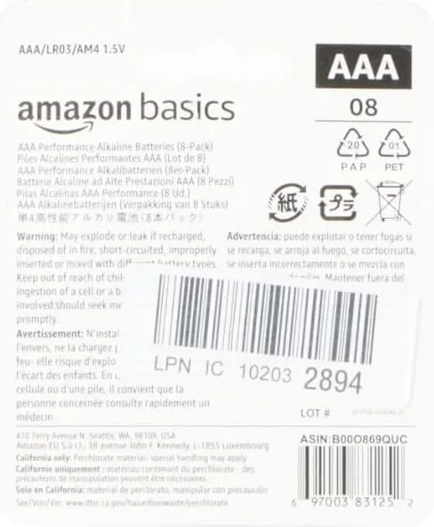 Amazon Basics AAA Alkaline High-Performance Batteries, 1.5 Volt, 10-Year Shelf Life, 8 count (Pack of 1)