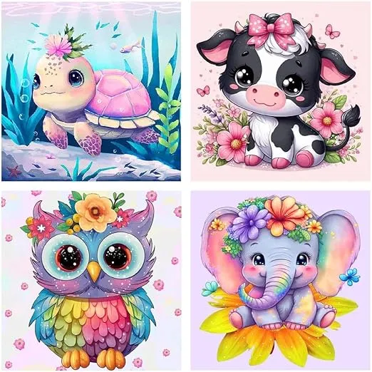 gganmtere 4 Packs Cartoon Animals Paint by Numbers Kit for Adult Beginner, Oil Acrylic Paint by Numbers Kits on Canvas, Simple DIY Painting by Number Art Craft Kits for Home Wall Decor 8X8 inch
