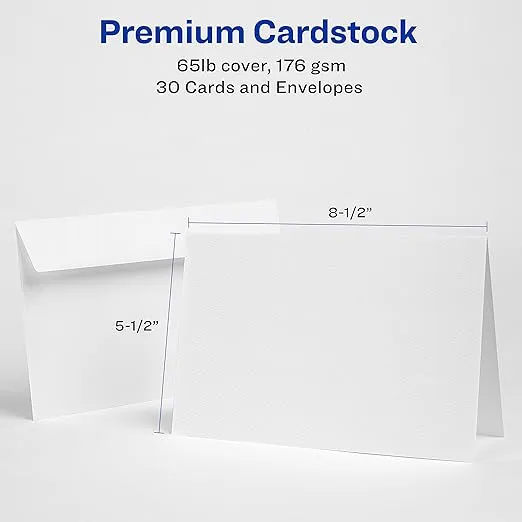 Avery Printable Greeting Cards, Half-Fold, 5.5" x 8.5", Textured White, 30 Blank Cards with Envelopes (3378)