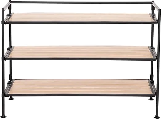 Seville Classics Sturdy Freestanding Storage Shelf for Bedroom, Closet, Entryway, Dorm Room Organizer, Stackable Metal 3-Tier 2" Resin Slat Shoe Rack, Light Oak
