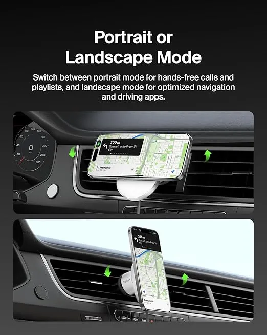 Belkin Wireless Car Charger 15W - MagSafe-Compatible Magnetic iPhone Charger - Qi2-Certified Wireless Charger, Magnetic Car Vent Phone Mount for iPhone 16, iPhone 15, iPhone 14, 13, & 12 Series - Grey