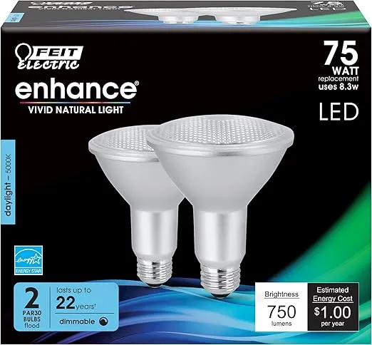 Feit Electric LED PAR30L Bulbs, 75W Equivalent, Dimmable, 5000K Daylight, 750 Lumens, 22 Year Lifetime, E26 Base, PAR30 Flood Lights, Spotlight Bulb,Weatherproof, 2 Pack, PAR30LDM/950CA/2