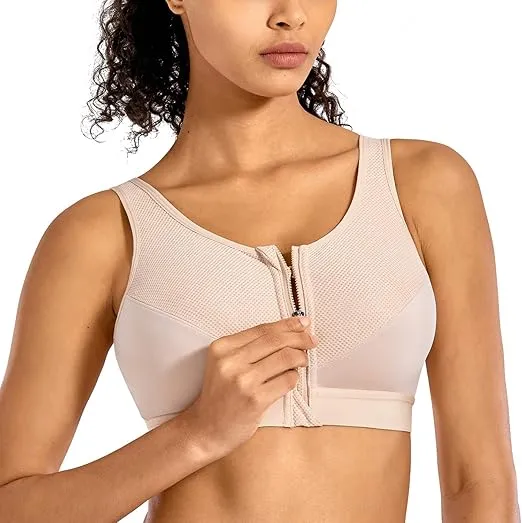 SYROKAN Women's Zip Front High Impact Wireless Racerback High Support Zipper in Front Sports Bra
