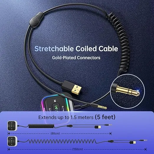 Syncwire Bluetooth 5.4 Aux Car Adapter [Large Mic&Noise Cancellation] Bluetooth 3.5mm Receiver for Car with Coiled Cable [Light Switch][Hands-Free Call] [HiFi Deep Bass] Plug-and-Play for Stereo Audio