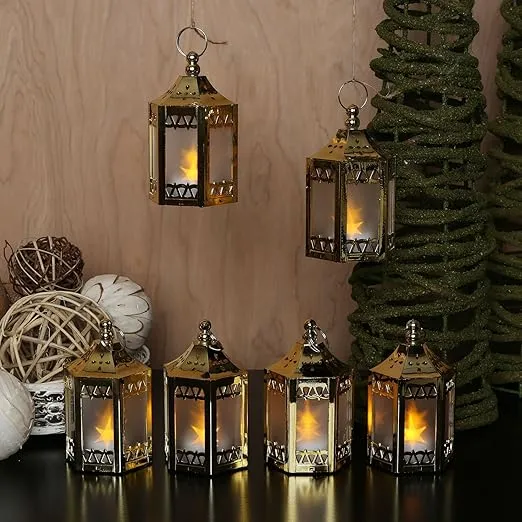 LampLust Gold Mini Lanterns for Centerpieces, 6 Pack LED Star Lantern, Batteries Included, Small Lanterns Decorative Indoor, Enchanted Forest Decorations, Wedding Reception Centerpiece Decorations