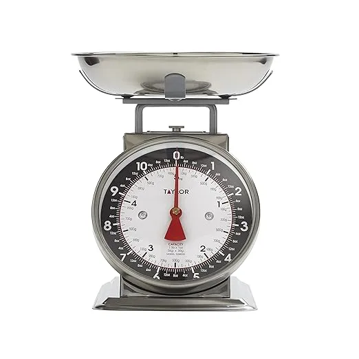 Taylor Mechanical Kitchen Weighing Food Scale with Bowl, Weighs up to 11lbs, Measures in Grams and Ounces, Food Scales for Kitchen, Black and Silver