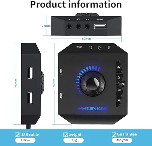 T10 External Sound Card, PHOINIKAS USB Audio Adapter for PC Windows, Mac, Linux, Laptops, Desktops, Stereo Sound Card with 3.5mm Interface & USB Interface, Volume Control, Plug & Play (6-in-1, Black)