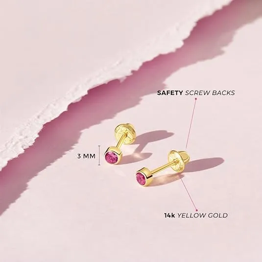 14k Yellow Gold Tiny 3mm Bezel Set Cubic Zirconia Simulated Birthstone Screw Back Earrings for Babies & Toddlers - Cute Birth Month Stud Baby Earrings with Safety Screw Backs