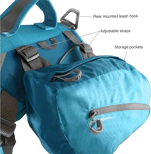 Kurgo Big Baxter Dog Backpack, Dog Saddlebag, Dog Pack, Adjustable Saddlebag for Hiking, Walking, Running, Camping, Coastal Blue