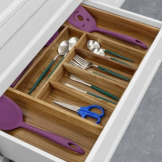Utoplike Acacia Silverware Drawer Organizer for Cutlery, Adjustable Kitchen Utensil Drawers Organizers, Expandable Wooden Flatware Caddy, Dividers for Knives, Forks, Spoons, 6-8 Slots