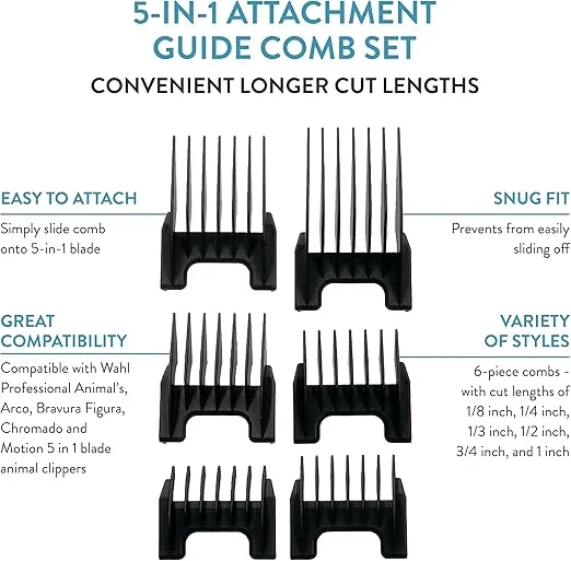 WAHL Professional Animal 5-in-1 Clipper Attachment Guide Comb Grooming Set for Wahl's Arco, 5- Style Groom, Bravura, Figura, Chromado, Creativa, and Motion Pet, Dog, Cat, and Horse Clippers