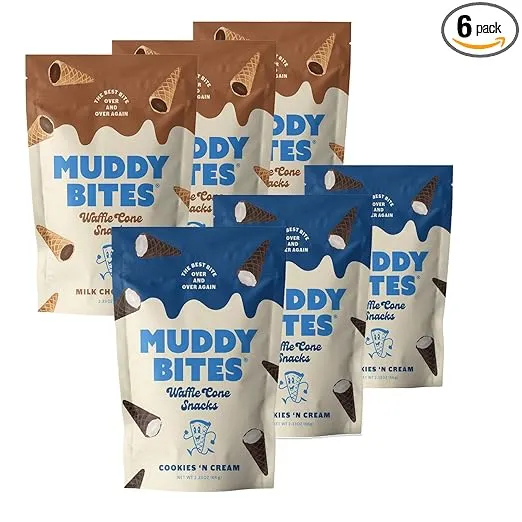 Muddy Bites Waffle Cone Snacks Bite Sized Chocolate Filled Waffle Cones for Snack or Dessert, Milk Chocolate & Cookies & Cream, Made with Pure Cane Sugar, Non-GMO, Kosher (Variety Pack, 6 Bags)