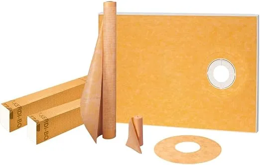Schluter Kerdi Shower Kit with Shower Tray, Curb, Waterproofing Membrane, Strips & Collar - 38" x 60" Tray Size, Off-Center Outlet Position - KSK9651525S