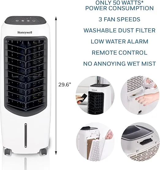 Honeywell 2.6 Gallon Indoor Portable Evaporative Air Cooler for Garage, Basement, Attic, 115V, for up to 120 Sq. Ft. with Remote, Quiet, Low Energy, Compact, White