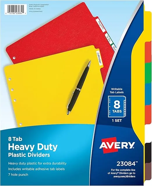 Avery Heavy Duty Plastic Dividers, Letter Size, Assorted Colors, 8-Tab Set, 1 Set (23084)