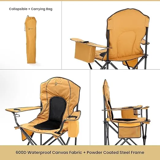 ARROWHEAD OUTDOOR Portable Folding Camping Quad Chair w/ 4-Can Cooler, Cup-Holder, Heavy-Duty Carrying Bag w/Easy Carry Shoulder Strap, Padded Armrests, Supports up to 330lbs, USA-Based Support