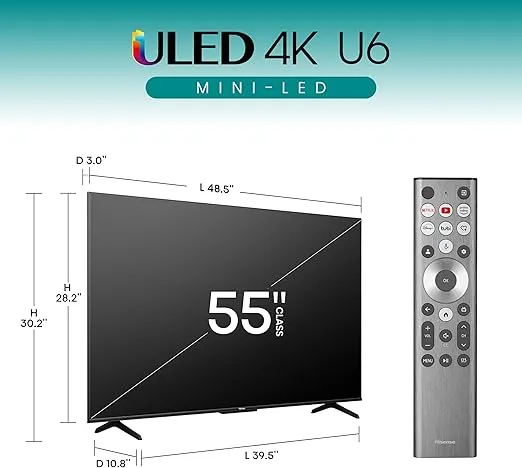 Hisense U6 Series 55U6N 55 Inches ULED 4K Smart TV | Mini-LED | QLED | 600 Nits | Motion Rate 240 | Dolby Vision HDR 10+ | Dolby Atmos | Full Array Local Dimming | Voice Control | Google TV