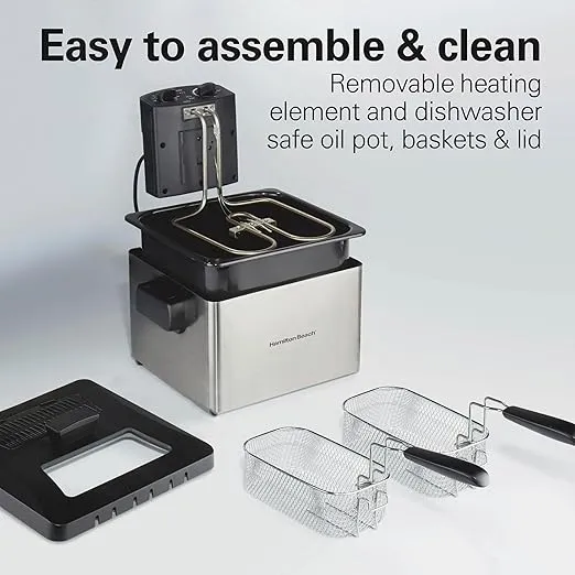 Hamilton Beach Electric Deep Fryer with Lid 4.5 Liters / 19 Cups Oil Capacity, Temperature Control, View Window, Professional Style, 1800 Watts, Two Frying Baskets, Stainless Steel