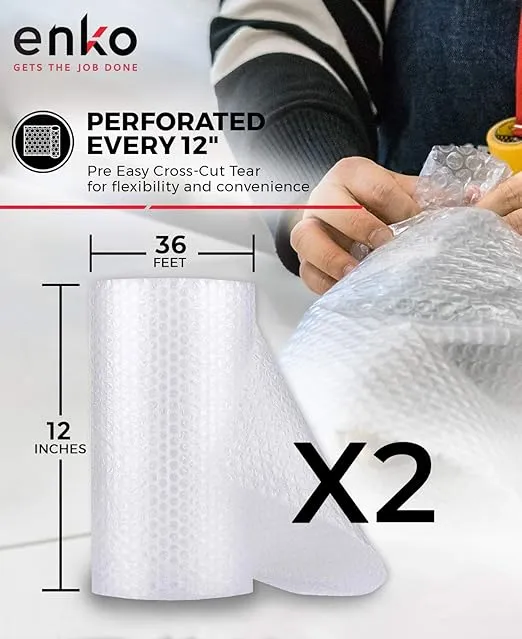 enKo (2 Pack) 12 inch x 72 feet Bubble Cushioning Wrap Roll Perforated 20 Fragile Sticker Labels for Moving Shipping Packing Boxes Supplies