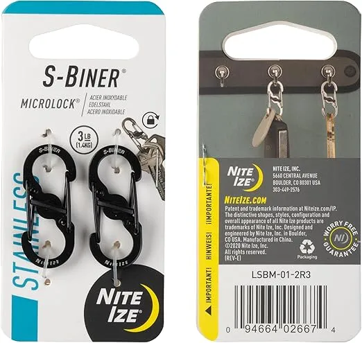Nite Ize S-Biner MicroLock Stainless Steel - S-Biner with Locking Dual Sided Gates - Keep Keys Secure with Carabiner Key Holder - Black (2 Pack)