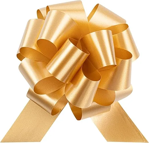 Restaurantware Gift Tek 5.5 Inch Ribbon Pull Bows 10 Satin Pull Bows - 20 Loops Instant Pull Design Gold Plastic Flower Bows For Gifts Large For Wedding Baskets And Gift Wrapping