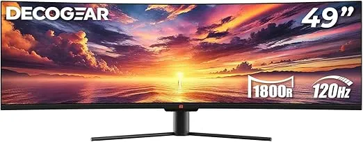 Deco Gear 49" Curved Ultrawide 5K Gaming Monitor, 32:9, 120 Hz, 101% NTSC 100% sRGB, Adjustable, Home Office and Entertainment Workstation