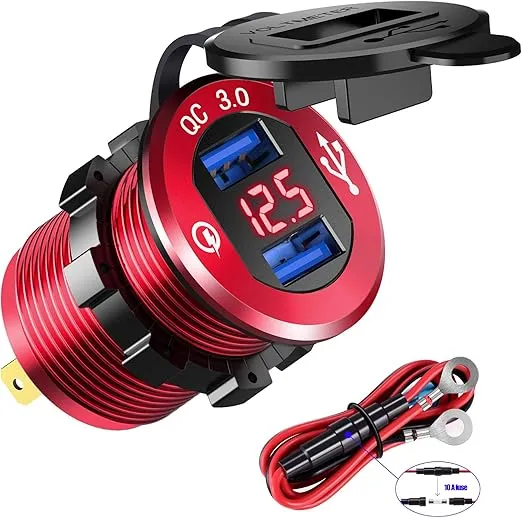 YONHAN 12V USB Outlet QC3.0 Dual USB Charger Socket, Cigarette Lighter Socket with LED Voltmeter, Waterproof Aluminum Car Charger Adapter DIY Kit - Red
