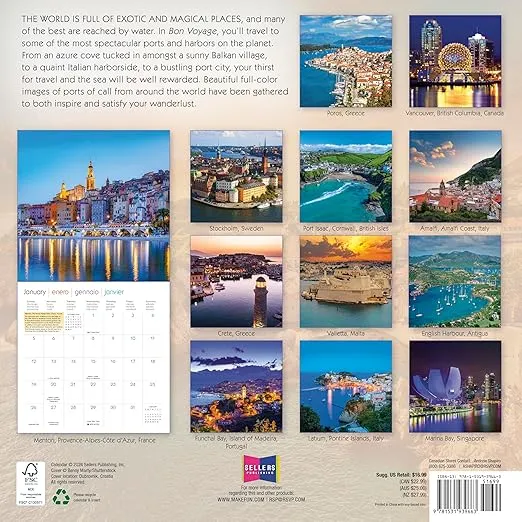 Bon Voyage 2025 Wall Calendar: Seaside Destinations Around the World, 12" x 12"