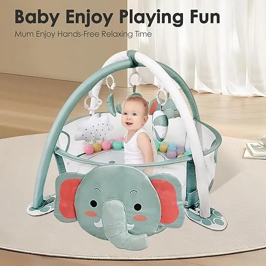 dearlomum 4-in-1 Baby Play Mat Baby Gym,Tummy Time Mat for Floor Activity Gym Ball Pit Including 30 Balls with 5 Infant Learning Sensory Baby Toys for Newborn Toddler Boy & Girl Gifts(Elephant)