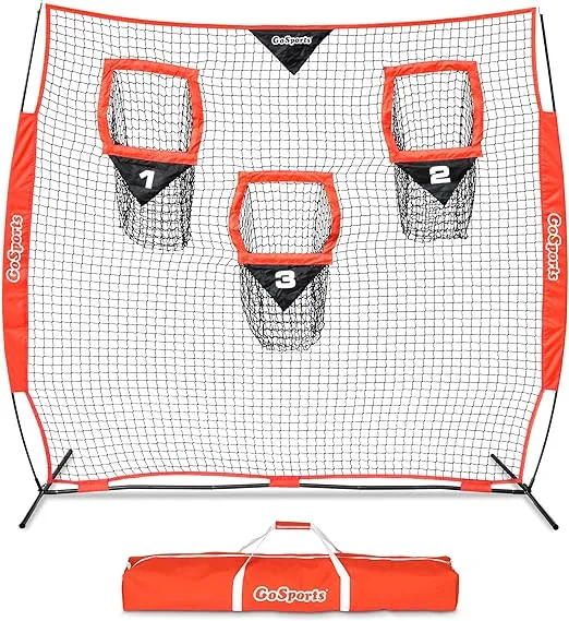 GoSports Football Throwing Net - 8 x 8 ft or 6 x 6 ft Nets - Choose Black or Red