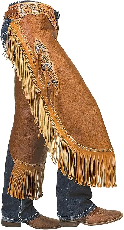 Weaver Leather Pull-Up Fashion Chinks with Floral Yoke Set, Medium (Total Length: 34";Waist: 32"-38";Upper Thigh: 25-1/2"), Brown