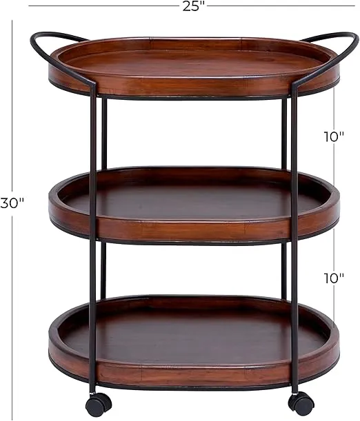 Deco 79 Wood Rolling Oval 3 Shelf Bar Cart with Black Metal Frame, 25" x 16" x 30", Brown