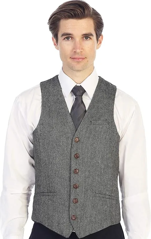 Gioberti Men's 6 Button Slim Fit Formal Herringbone Tweed Vest