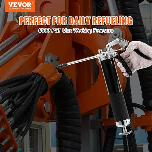 VEVOR Grease Gun, 6000 PSI Heavy Duty Pistol Grip Grease Gun, Grease Gun Kit with 14 oz Load, 19.69 Inch Flexible Hose, 2 Flat Couplers, 1 Pointed Coupler, and 2 Rigid Metal Pipe
