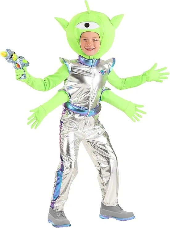 Friendly Alien Costume for Kids - Jumpsuit with Headpiece and Attached Gloves