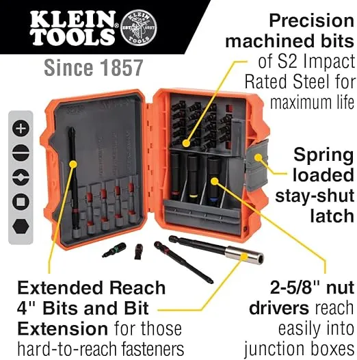 Klein Tools 32799 Impact Driver Bit Set, 26 Piece Nut Driver and Screwdriver Bit Set with Case