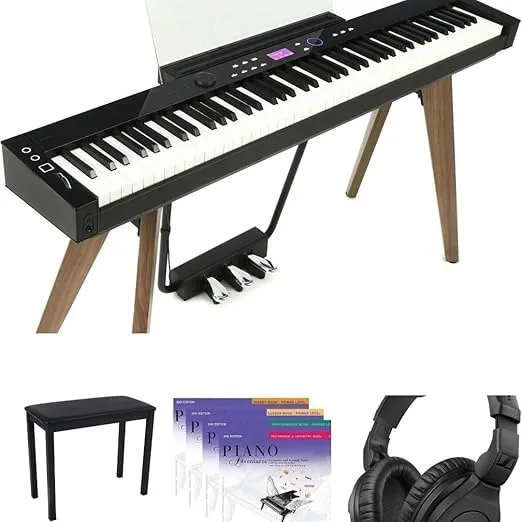 Casio Privia PX-S7000 Piano - Black with Stand and 3 Pedals, Deluxe Piano Bench, Faber Piano Adventures Primer Level Learning Library Pack, and HD 280 Pro Headphones (Black)