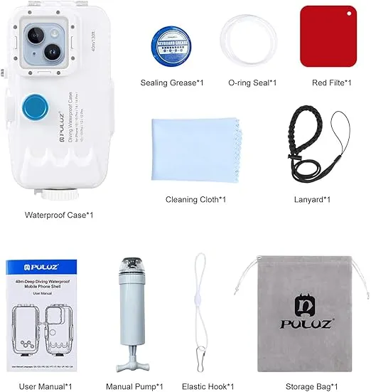 PULUZ 40m/130ft Waterproof Diving Case for iPhone 15 Pro Max/15 Plus /14 Plus / 14 Pro Max / 13 Pro Max /12 Pro Max/for Surfing Snorkeling Floating Photo Video Taking Underwater Housing Cover White
