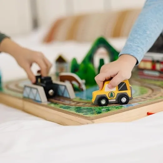 Melissa & Doug 17-Piece Wooden Take-Along Tabletop Railroad, 3 Trains, Truck, Play Pieces, Bridge - FSC Certified