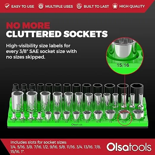 Olsa Tools Magnetic Socket Organizer (3/8-Inch Drive, 3 Row) - Magnetic Tool Organizer & Socket Holder - Tool Box Socket Organizers - SAE Green - Holds 39 Sockets - Professional Grade - Part: 1550