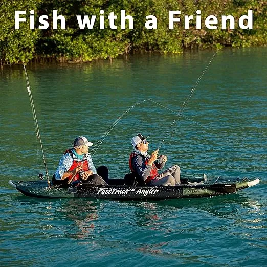 385FTA Fasttrack Angler 1–2-Person Inflatable Hunter Green Fishing Kayak-External Rigid Inflatable Keel, Rugged Hull Material, Non-Slip Padded Floor, Stitch Floor w/Seat(s), Paddle(s), Pump & Bag